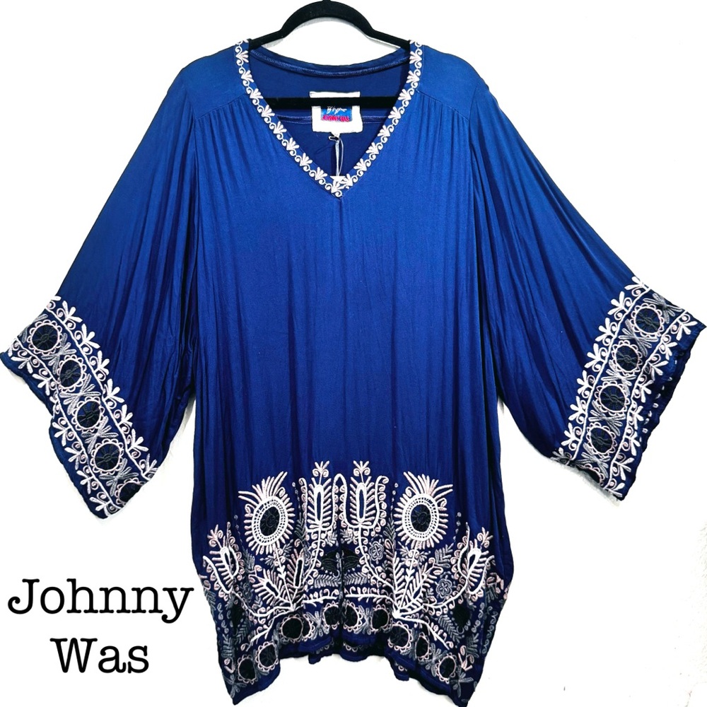 New Johnny Was Ostah Challis Blue Embroidered Women's Tunic Dress Size Medium